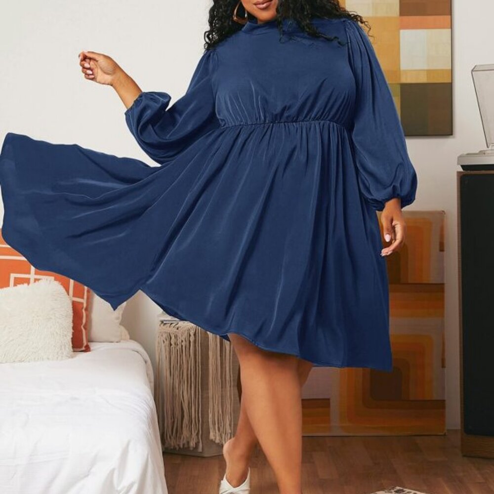 SHEIN FIT+ Plus Solid Lantern Sleeve Dress HUNTER GREEN